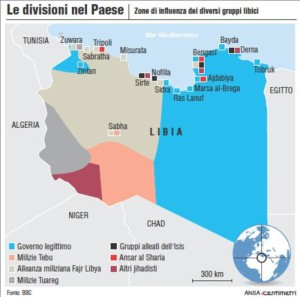 Mappa delle zone di influenza di gruppi e fazioni in Libia (111mm x 110mm)