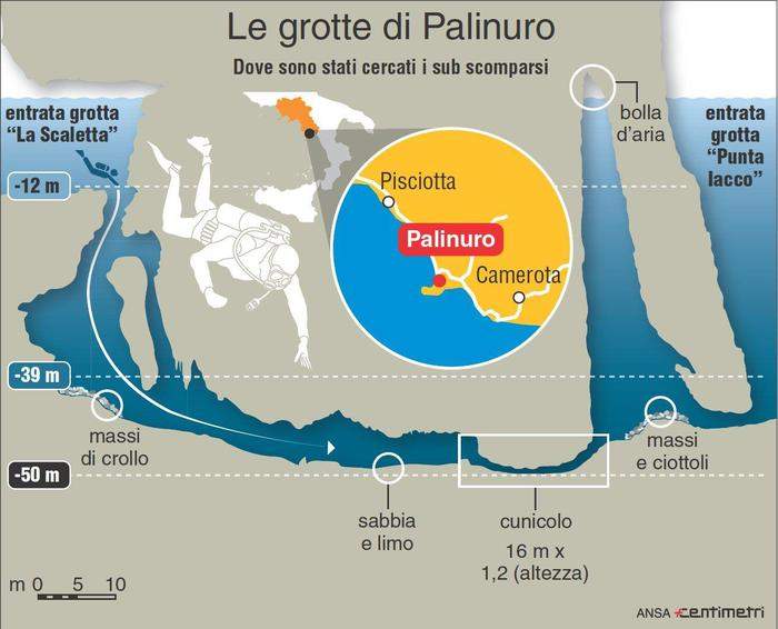 Nell'infografica realizzata da Centimetri le grotte di Palinuro. ANSA/CENTIMETRI